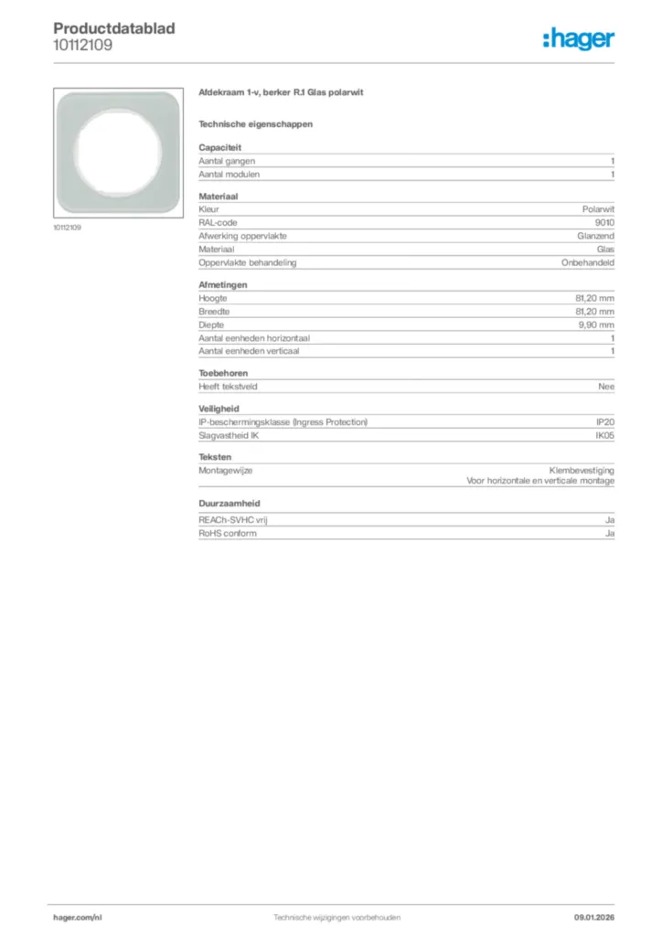 Afbeelding Hager Productdatablad 10112109 | Hager Nederland