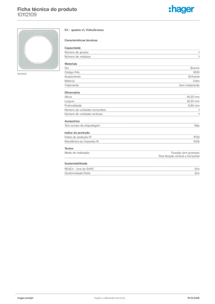 Imagem Hager Ficha técnica do produto 10112109 | Hager Portugal