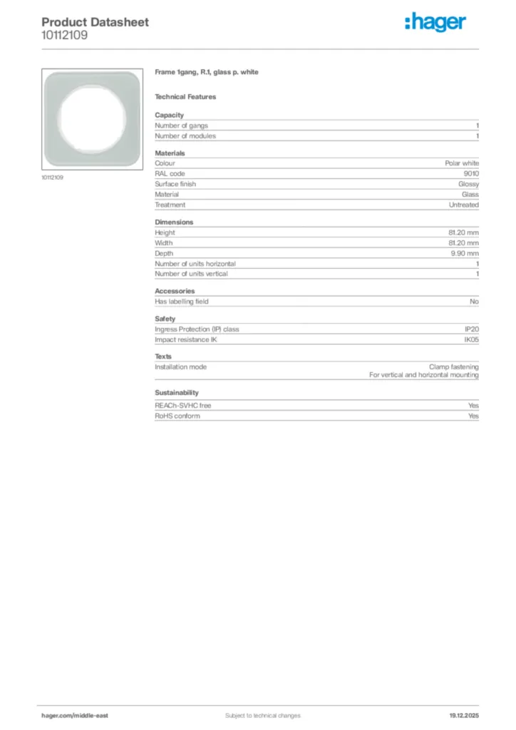 Image Hager Product data sheet 10112109  | Hager