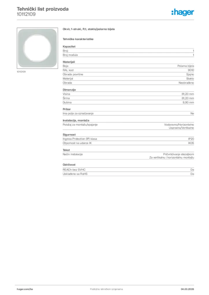 Slika Hager Tehnički list proizvoda 10112109  | Hager