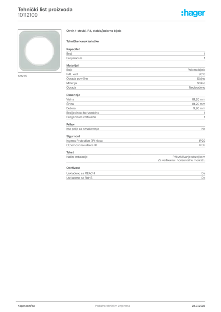 Slika Hager Product data sheet 10112109  | Hager