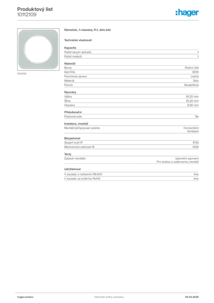 Obrázek Hager Product data sheet 10112109 | Hager