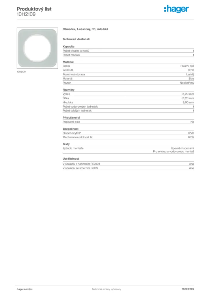 Obrázek Hager Produktový list 10112109 | Hager
