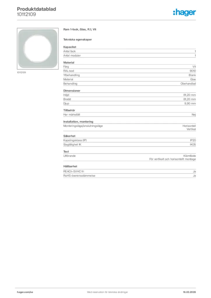 Bild Hager Produktdatablad 10112109 | Hager Sverige