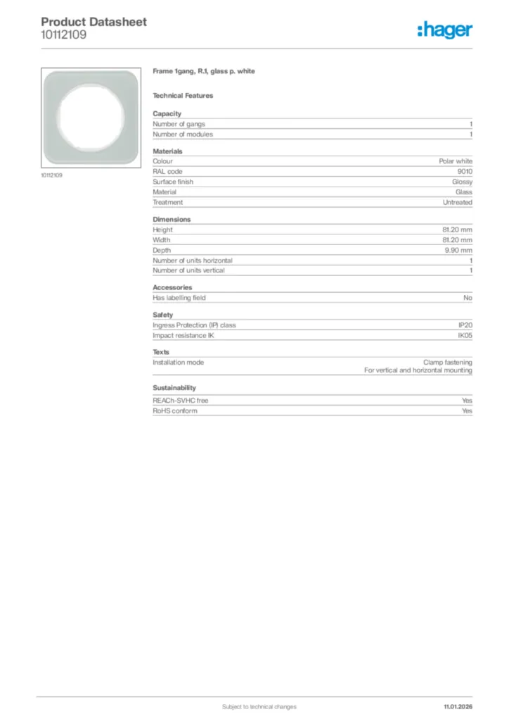 Image Hager Product data sheet 10112109  | Hager
