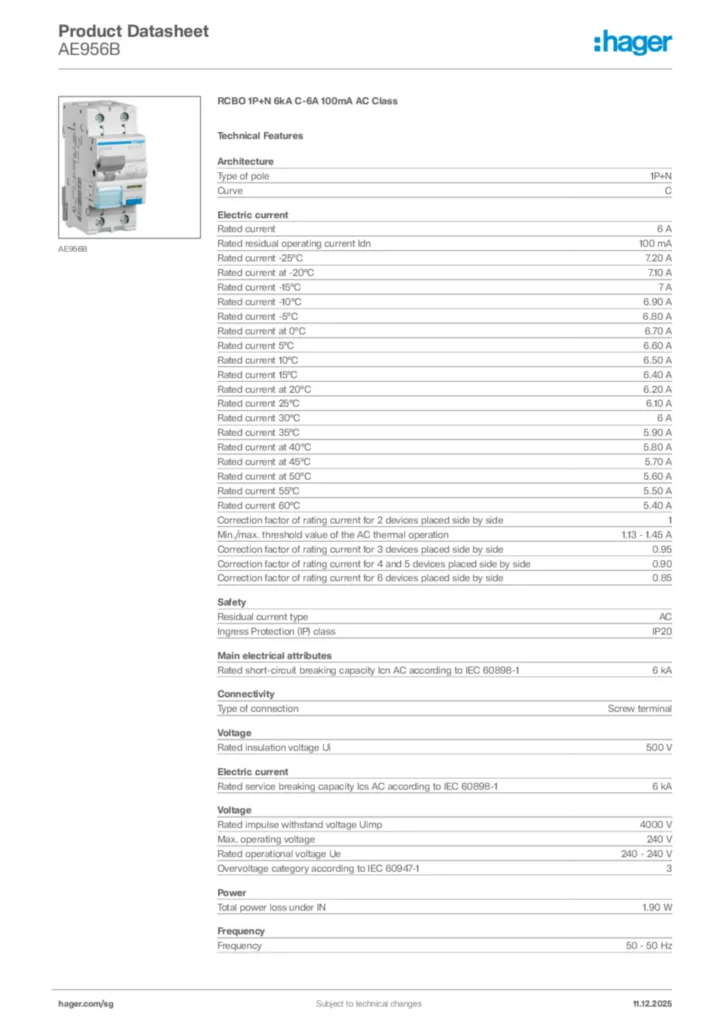 Image Hager Product data sheet AE956B  | Hager