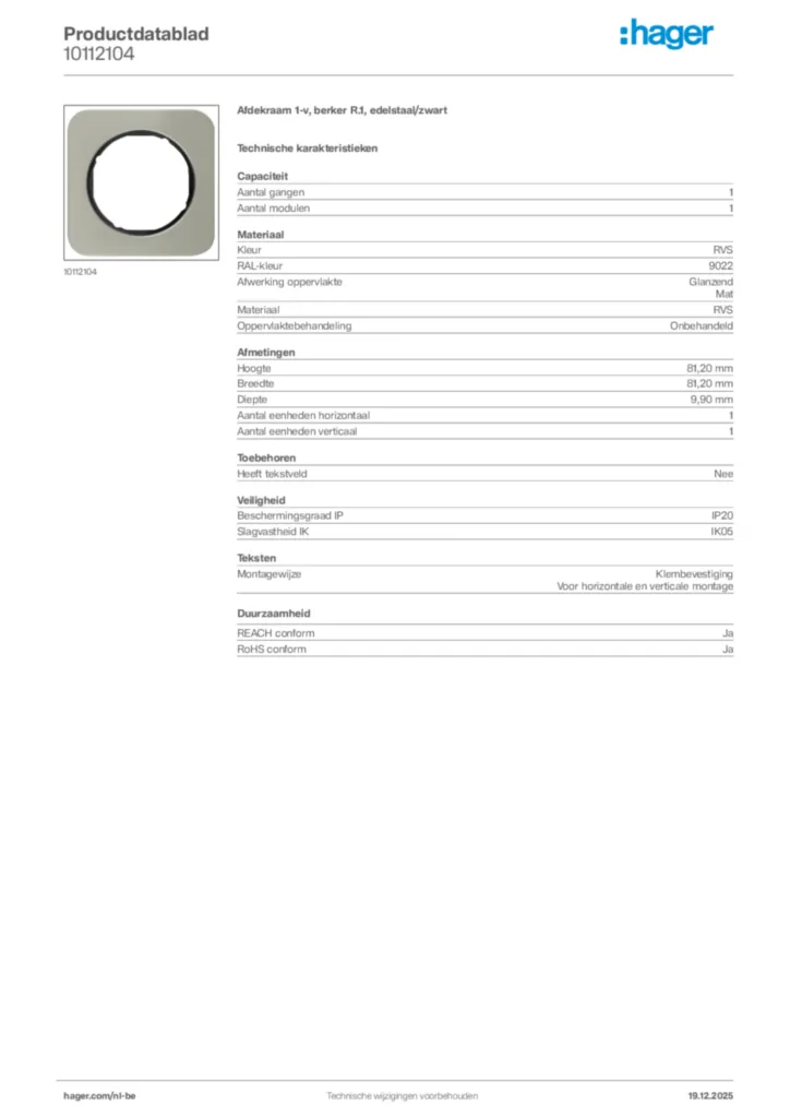 Afbeelding Hager Productdatablad 10112104 | Hager Belgium