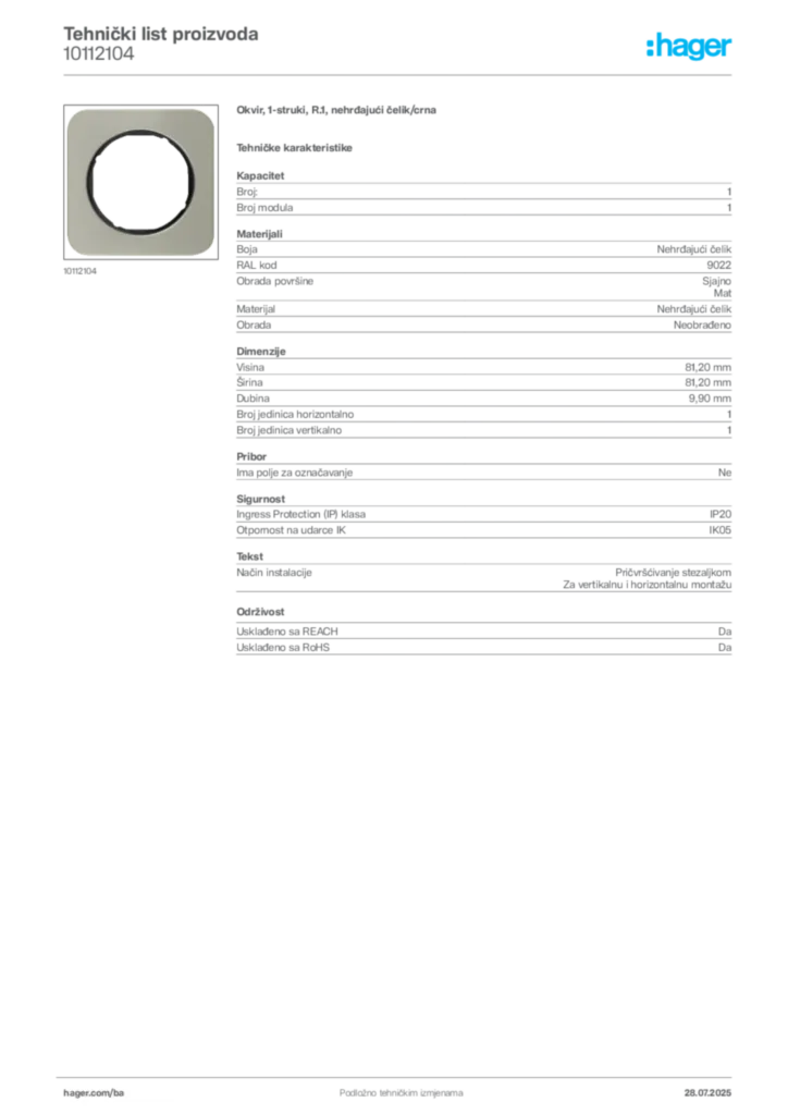 Slika Hager Product data sheet 10112104  | Hager