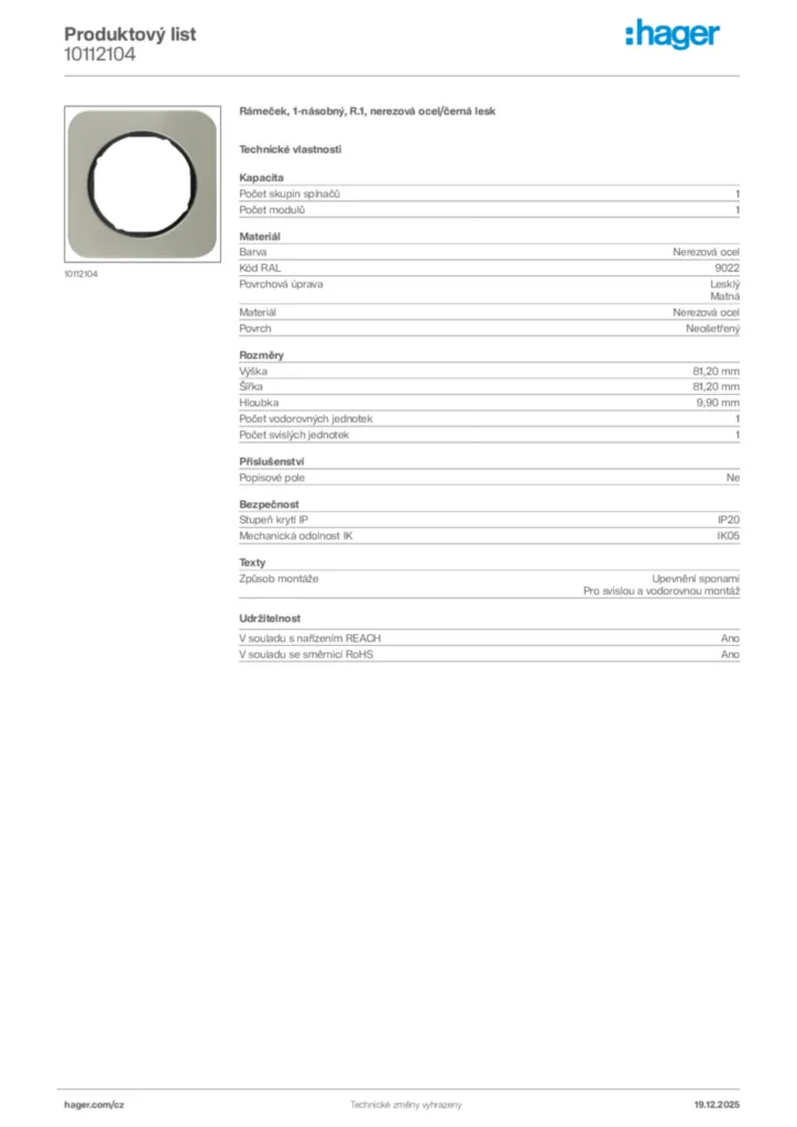 Obrázek Hager Produktový list 10112104 | Hager