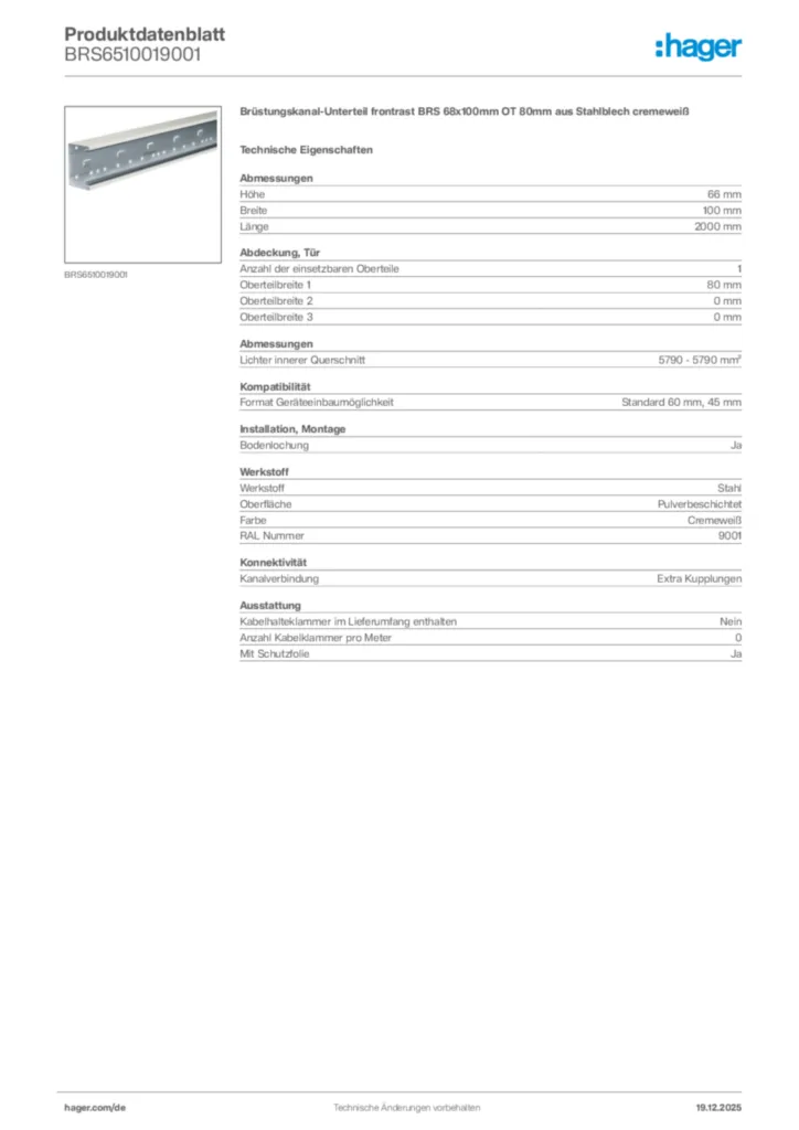 Bild Hager Produktdatenblatt BRS6510019001 | Hager Deutschland
