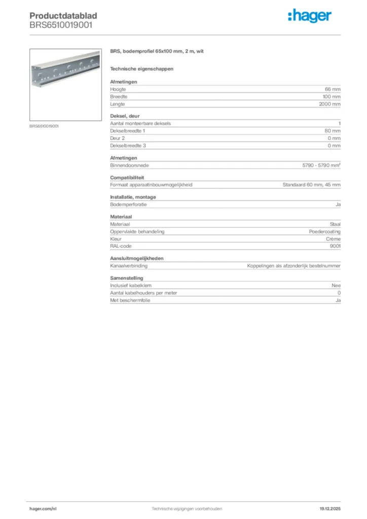 Afbeelding Hager Productdatablad BRS6510019001 | Hager Nederland