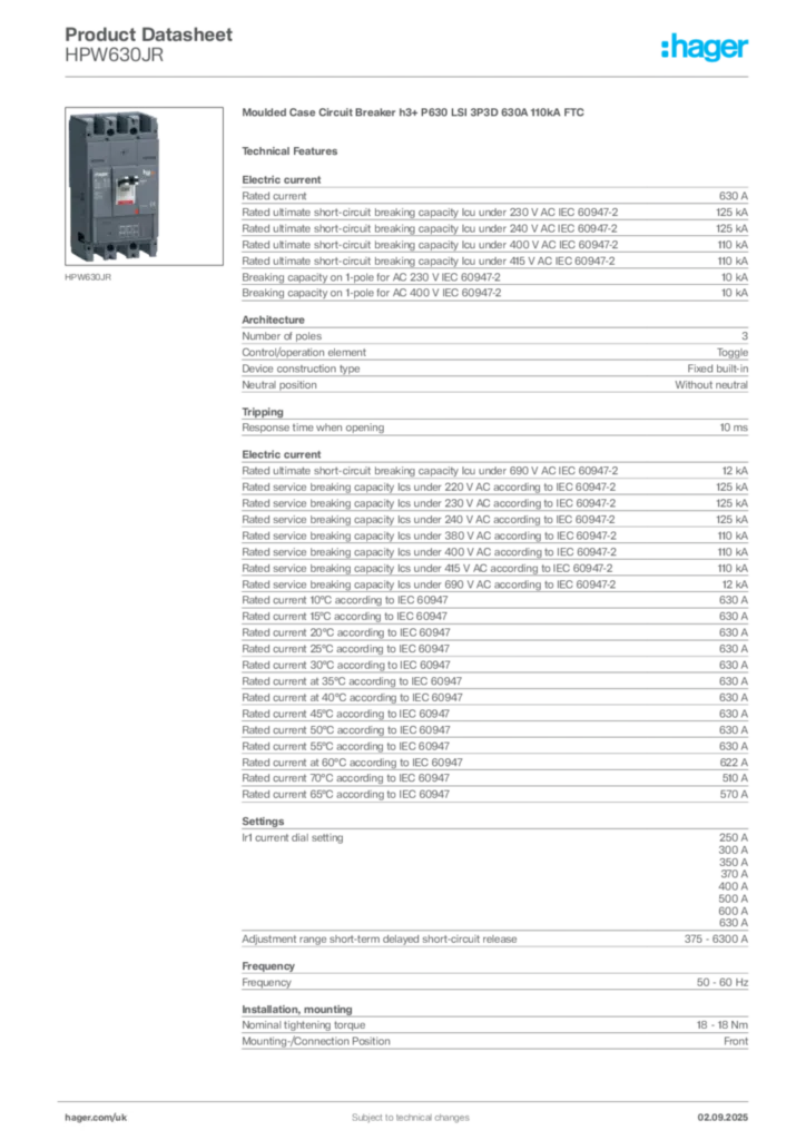 Image Hager Product data sheet HPW630JR  | Hager