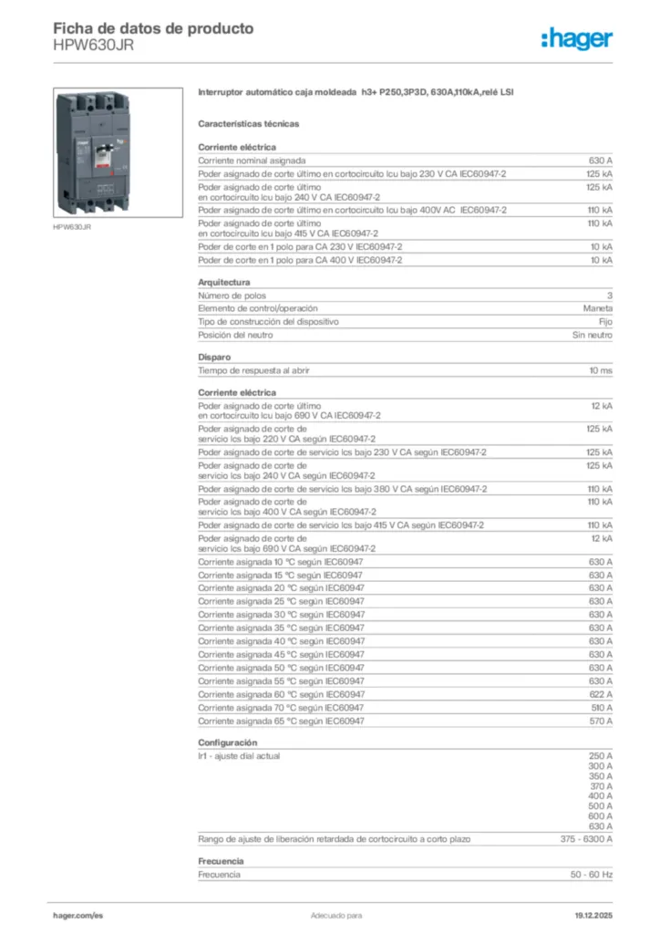 Imagen Hager Ficha de datos de producto HPW630JR | Hager España
