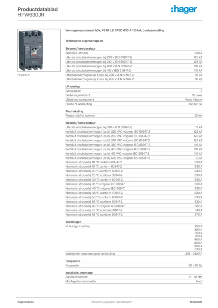 Afbeelding Hager Productdatablad HPW630JR | Hager Nederland