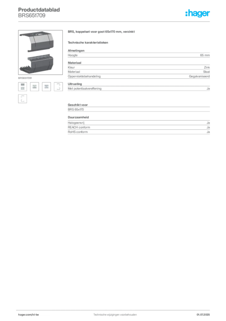 Afbeelding Hager Productdatablad BRS651709 | Hager Belgium