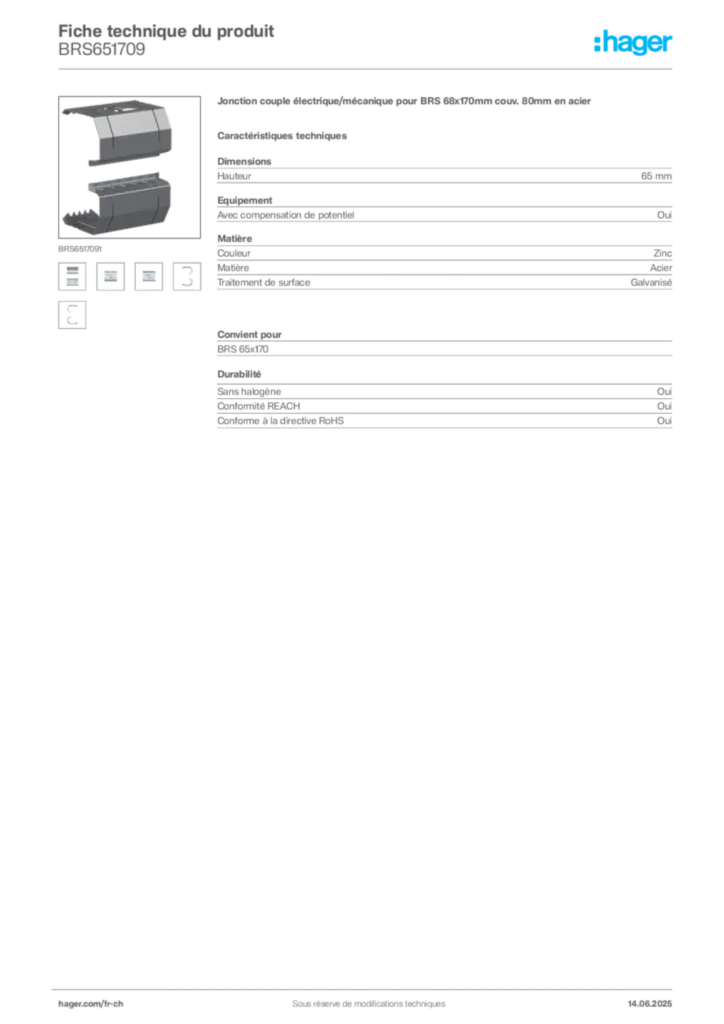 Image Hager Fiche technique du produit BRS651709 | Hager Suisse
