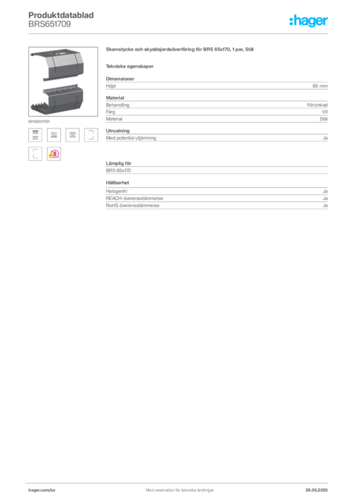 Bild Hager Produktdatablad BRS651709 | Hager Sverige