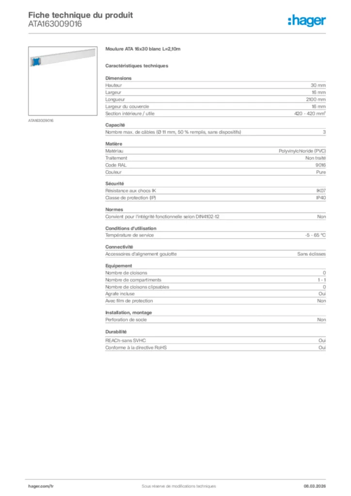 Image Hager Fiche technique du produit ATA163009016 | Hager France