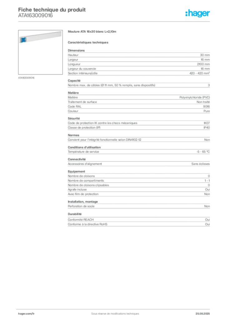 Image Hager Fiche technique du produit ATA163009016 | Hager France