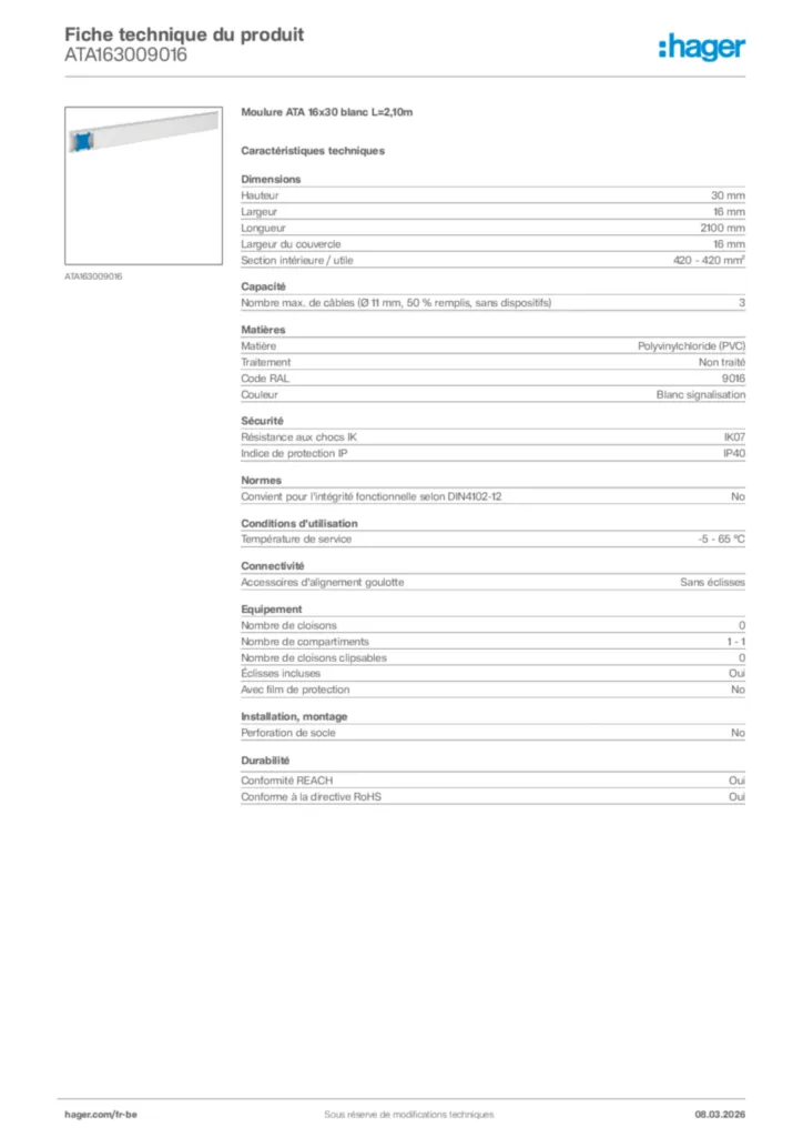 Image Hager Fiche technique du produit ATA163009016 | Hager Belgique