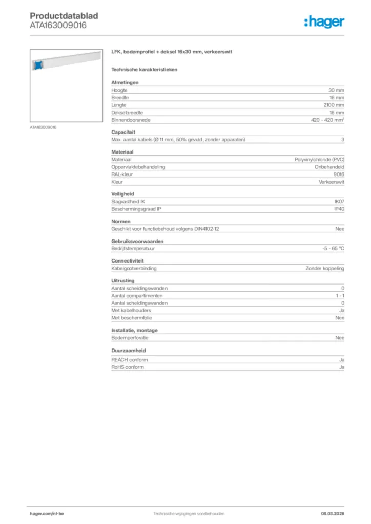 Afbeelding Hager Productdatablad ATA163009016 | Hager Belgium