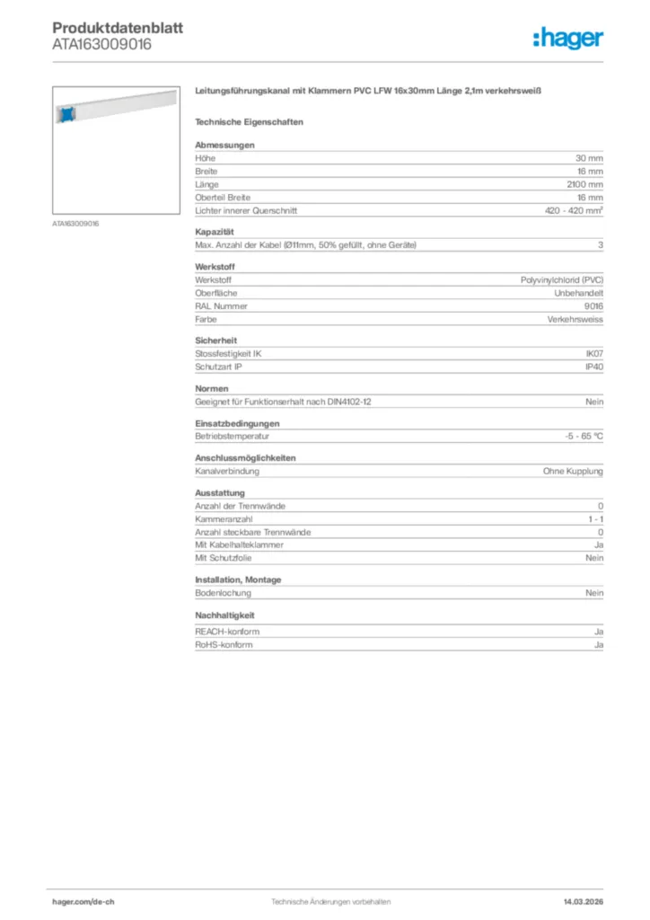 Bild Hager Produktdatenblatt ATA163009016 | Hager Schweiz