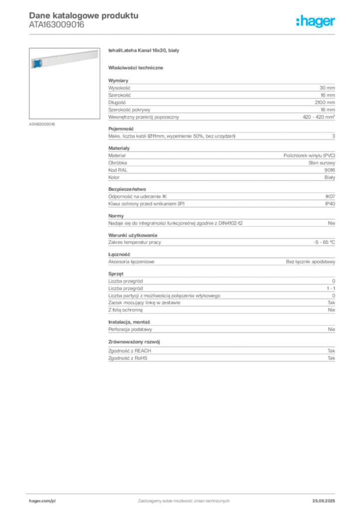 Zdjęcie Hager Karta katalogowa ATA163009016 | Hager Polska