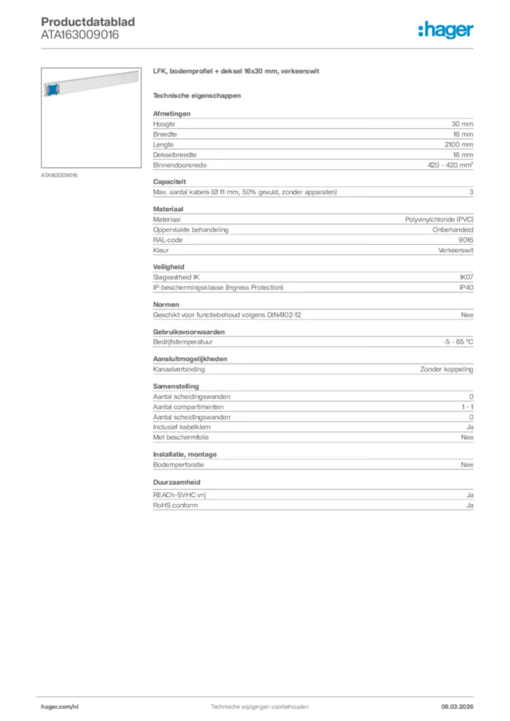 Afbeelding Hager Productdatablad ATA163009016 | Hager Nederland