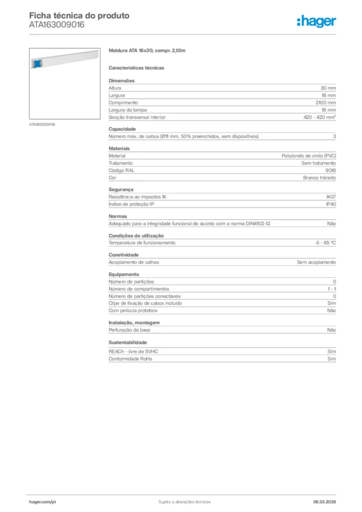 Imagem Hager Ficha técnica do produto ATA163009016 | Hager Portugal