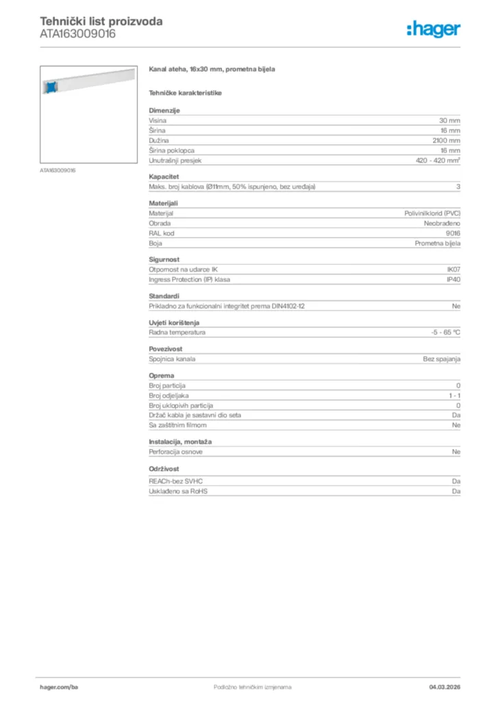 Slika Hager Tehnički list proizvoda ATA163009016  | Hager