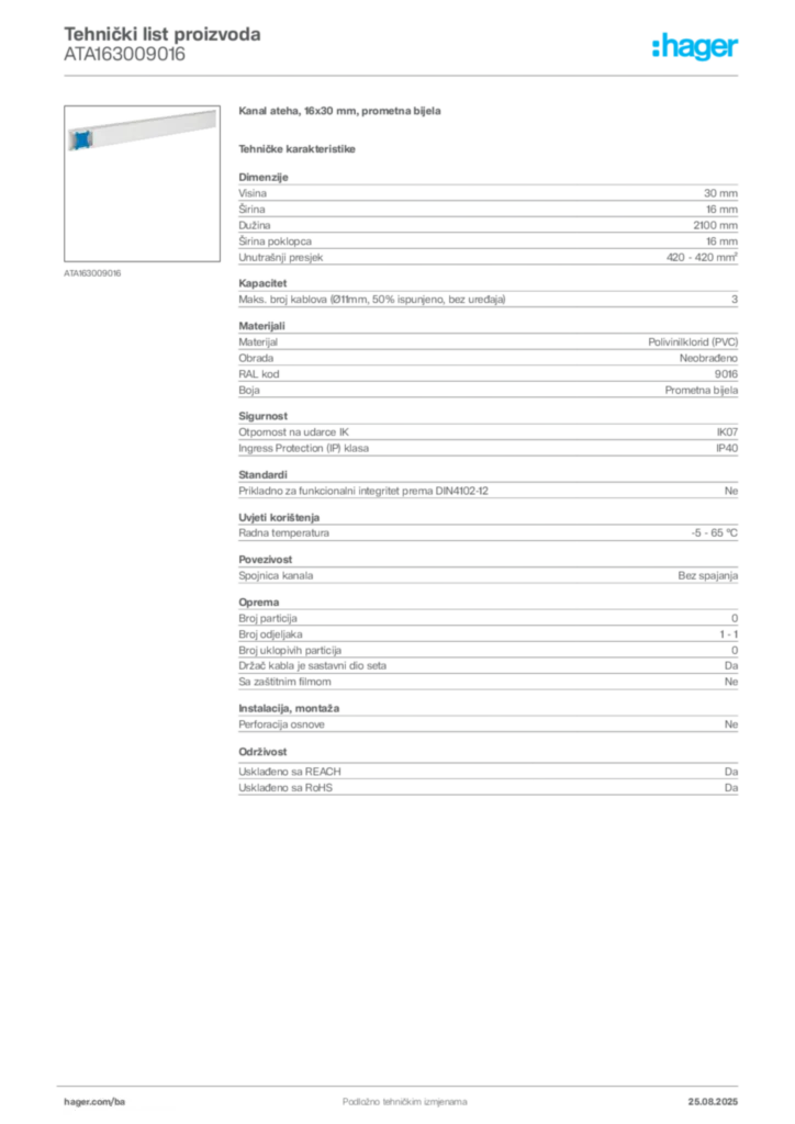 Slika Hager Product data sheet ATA163009016  | Hager