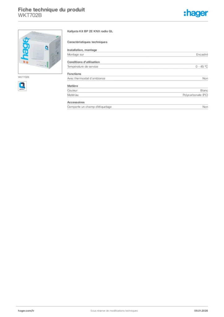 Image Hager Fiche technique du produit WKT702B | Hager France