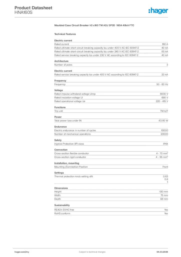 Image Hager Product data sheet HNA160S  | Hager