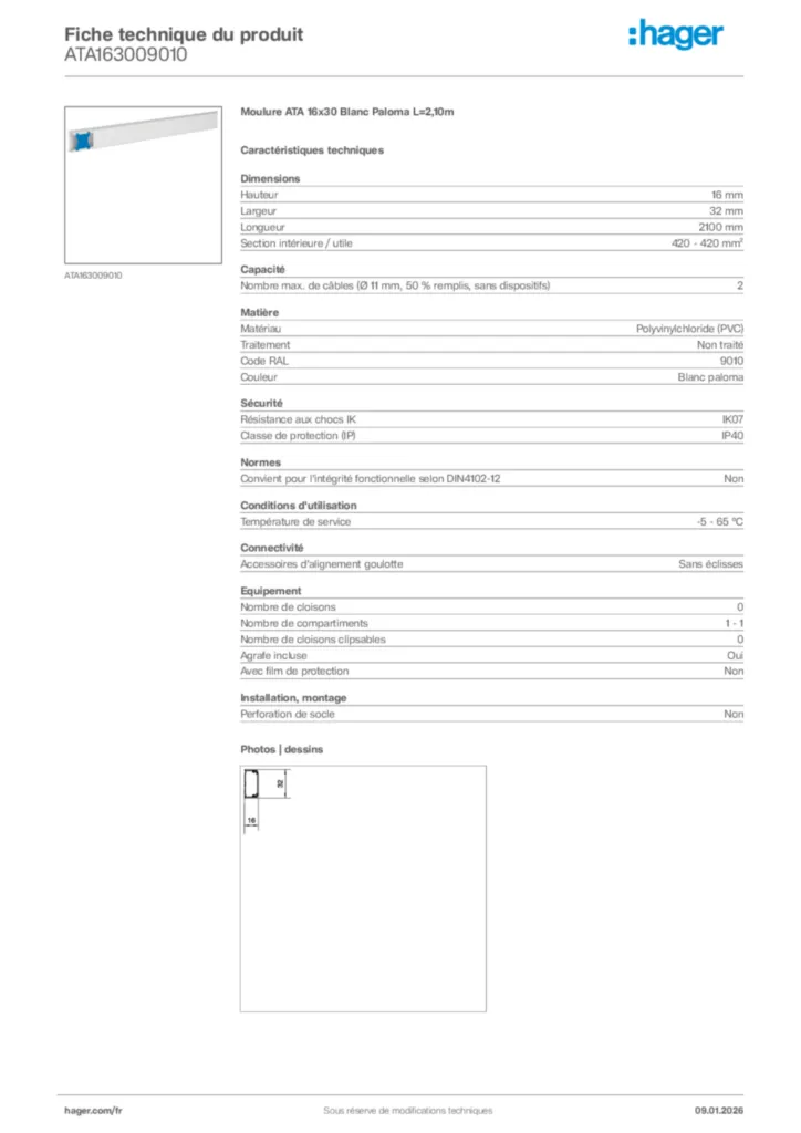Image Hager Fiche technique du produit ATA163009010 | Hager France