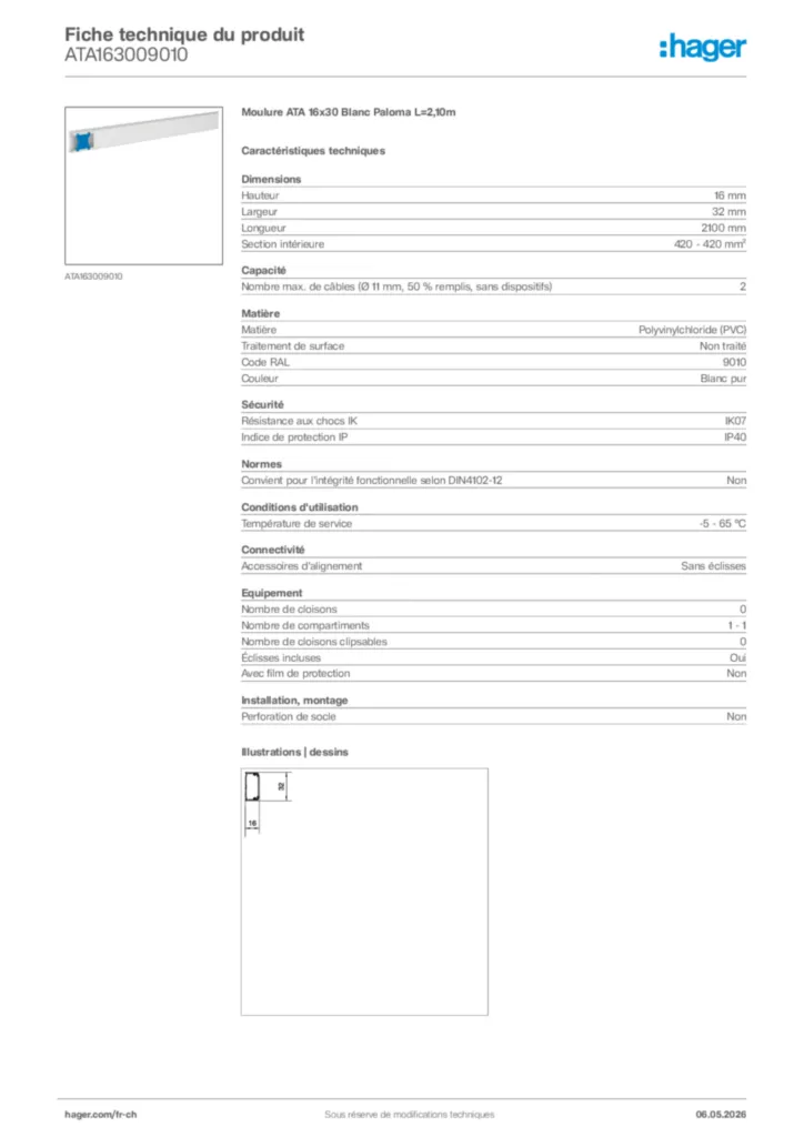Image Hager Fiche technique du produit ATA163009010 | Hager Suisse