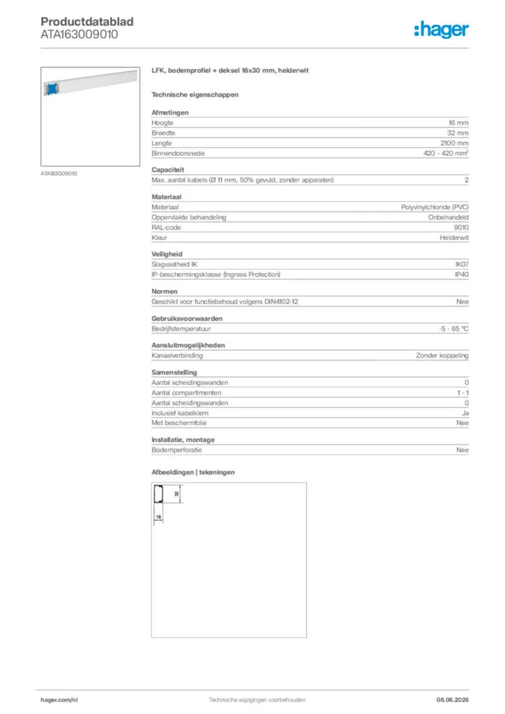 Afbeelding Hager Productdatablad ATA163009010 | Hager Nederland