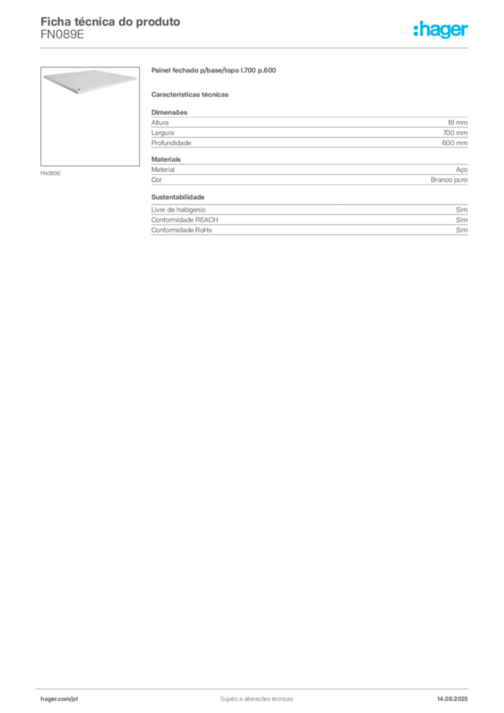 Imagem Hager Ficha técnica do produto FN089E | Hager Portugal