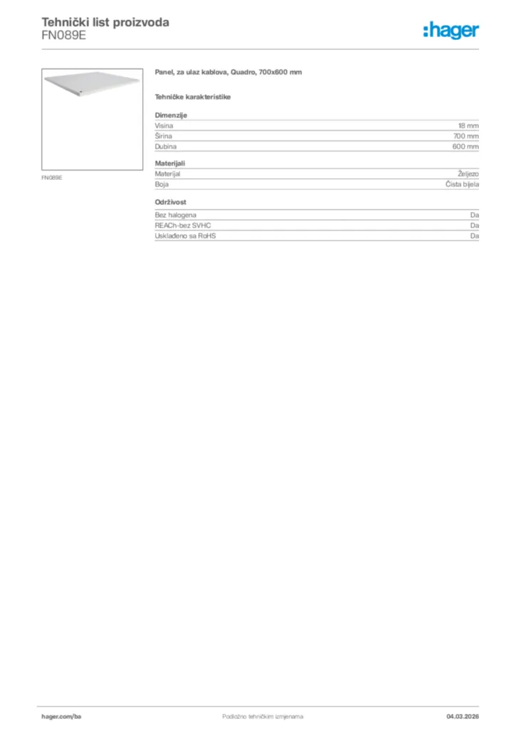 Slika Hager Tehnički list proizvoda FN089E  | Hager