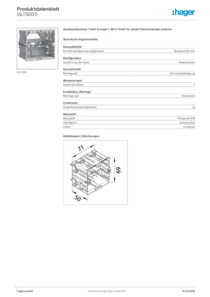 Bild Hager Produktdatenblatt GLT5000 | Hager Deutschland