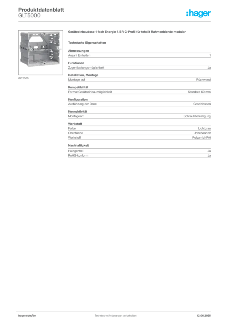 Bild Hager Produktdatenblatt GLT5000 | Hager Deutschland