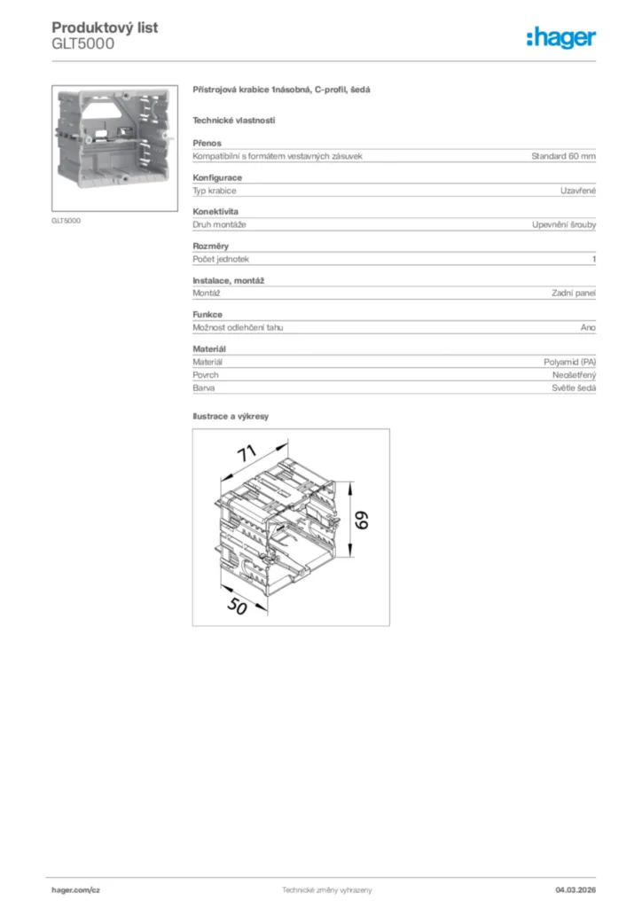 Obrázek Hager Product data sheet GLT5000 | Hager