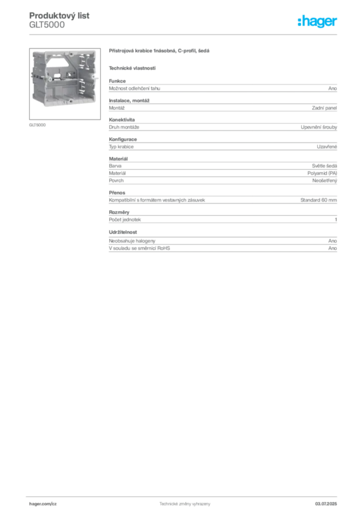 Obrázek Hager Produktový list GLT5000 | Hager