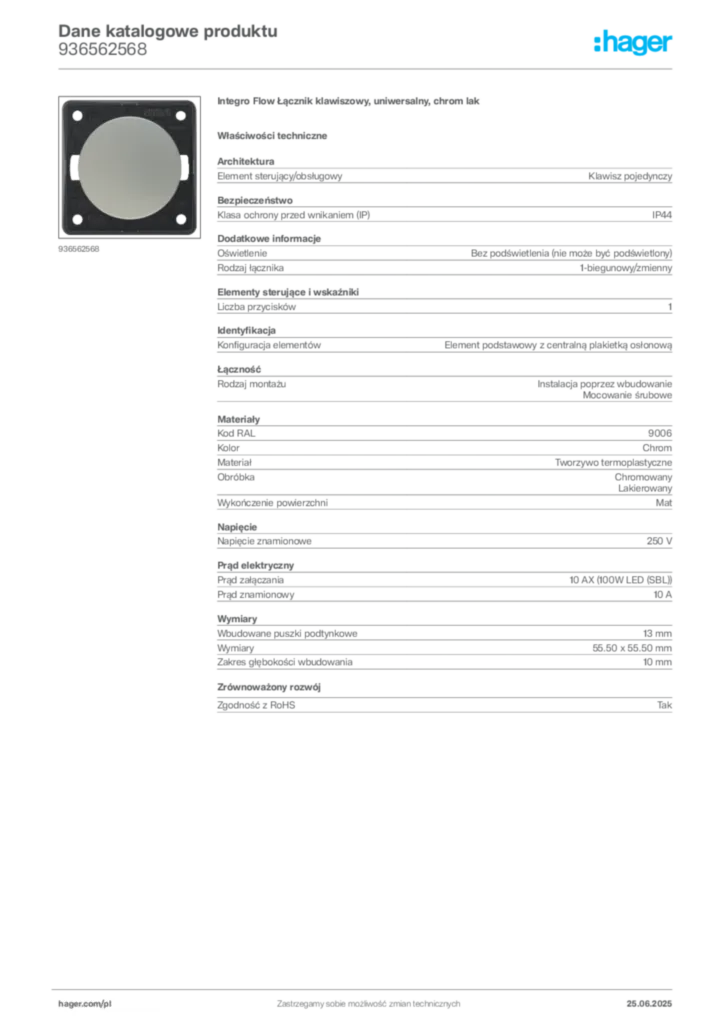 Zdjęcie Hager Karta katalogowa 936562568 | Hager Polska