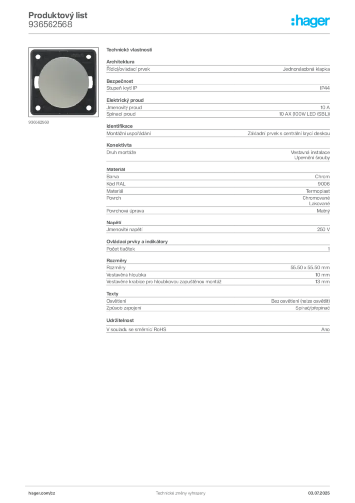 Obrázek Hager Produktový list 936562568 | Hager