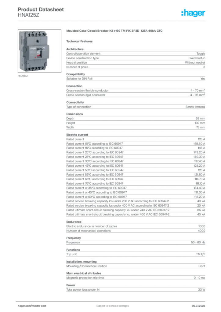 Image Hager Product data sheet HNA125Z  | Hager