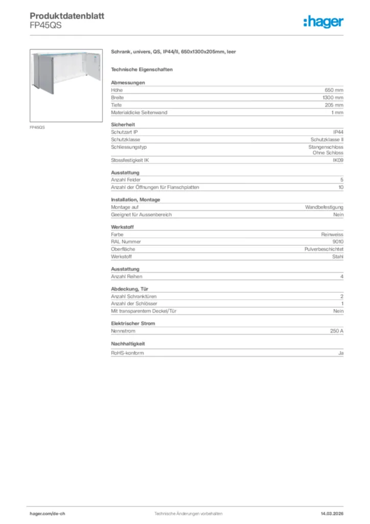 Bild Hager Produktdatenblatt FP45QS | Hager Schweiz