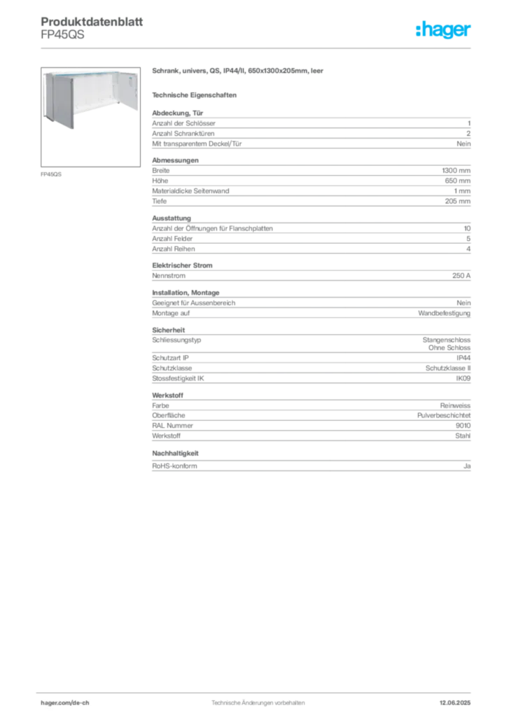 Bild Hager Produktdatenblatt FP45QS | Hager Schweiz