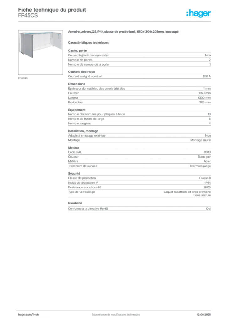 Image Hager Fiche technique du produit FP45QS | Hager Suisse