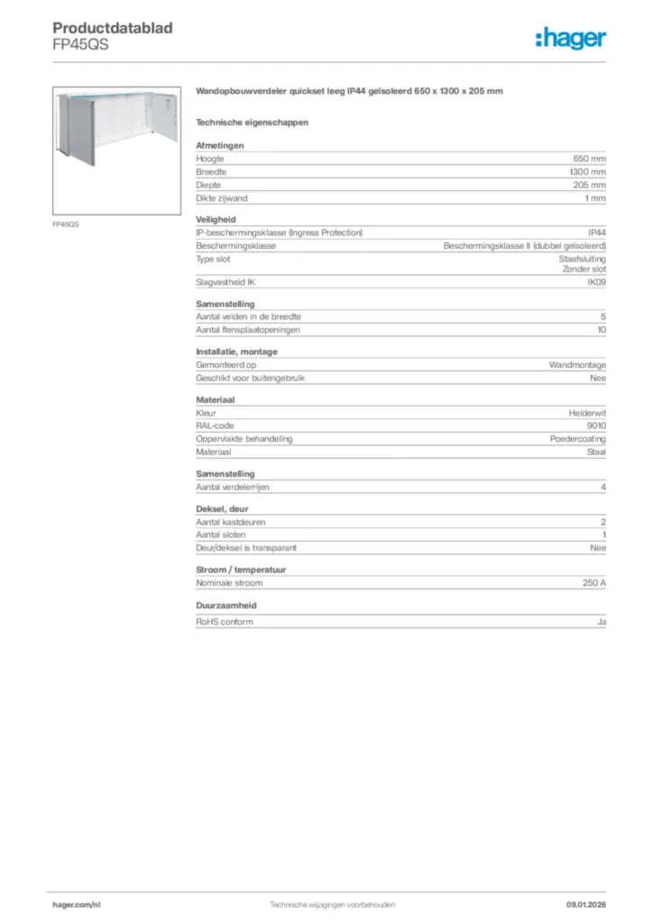 Afbeelding Hager Productdatablad FP45QS | Hager Nederland
