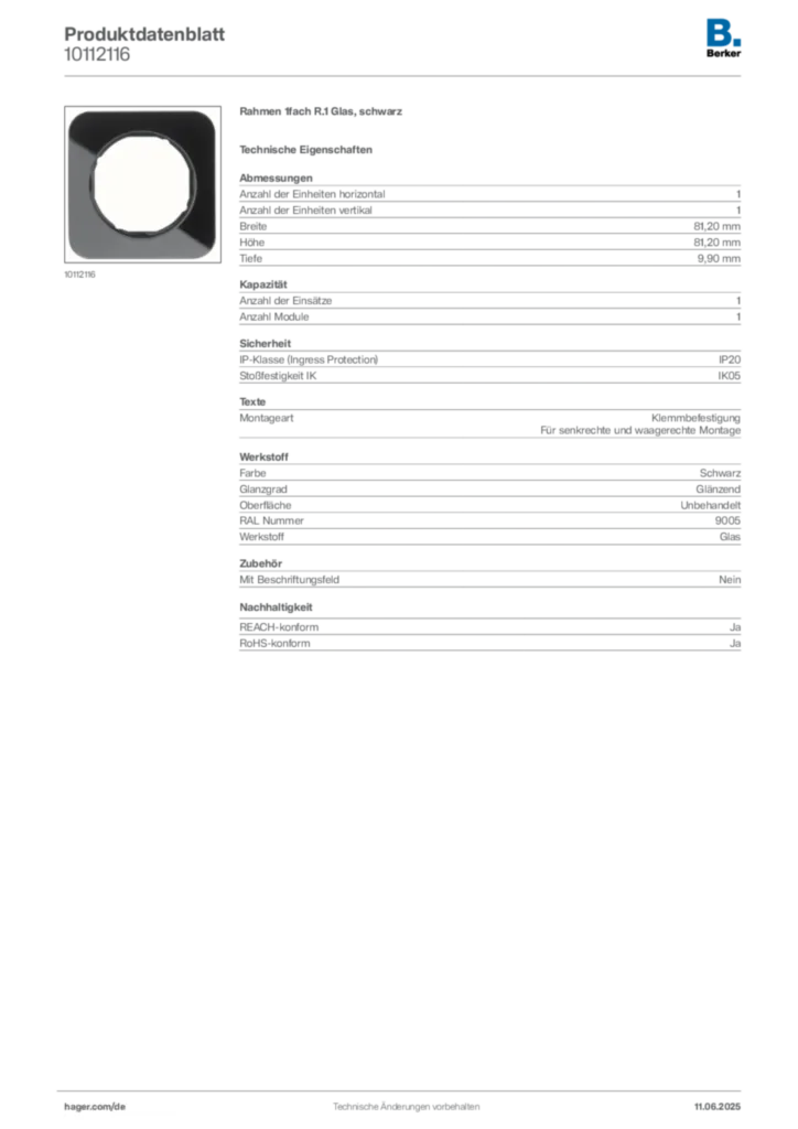 Bild Berker Produktdatenblatt 10112116 | Hager Deutschland